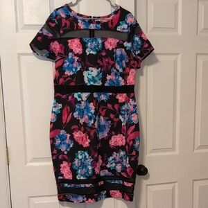 Boutique Bright Pink and Black Floral Black Dress with Sheer Cut-outs Size 1X